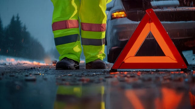 Wegwerker met waarschuwingsdriehoek langs de weg in het donker — het risico dat EyeCollision helpt voorkomen