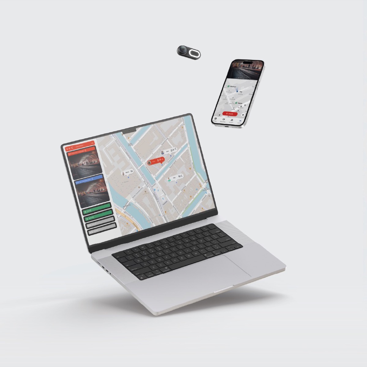 BTC IWitness Professional Safety App — live overzicht en meldingen op laptop en smartphone